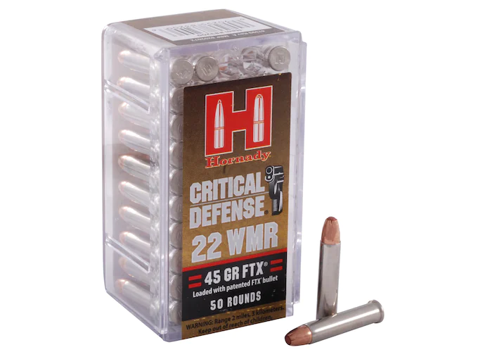 In Stock: Hornady Critical Defense 22 Winchester Magnum Rimfire (WMR) Ammo 45 Grain Hornady FTX Polymer Tip